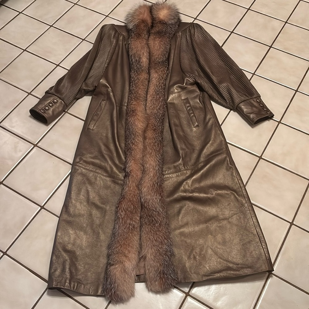 ALEXANDER full length Gold Leather Jacket with Fur trim